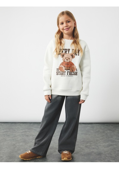Koton Üç İplik Ayıcık Baskılı Uzun Kollu Bisiklet Yaka Sweatshirt Ekru 6wkg10380ak Ekru