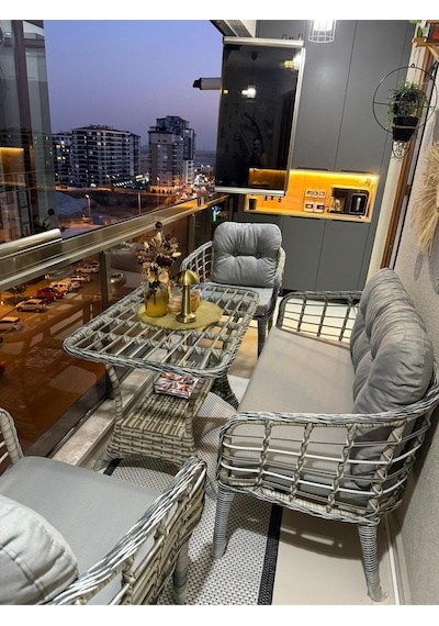 Tu Tienda Kartepe 2 1 1 Sehpa 60 90 Rattan Bahçe Balkon Takimi,antrasit Rattan/gri Kumaş Gri