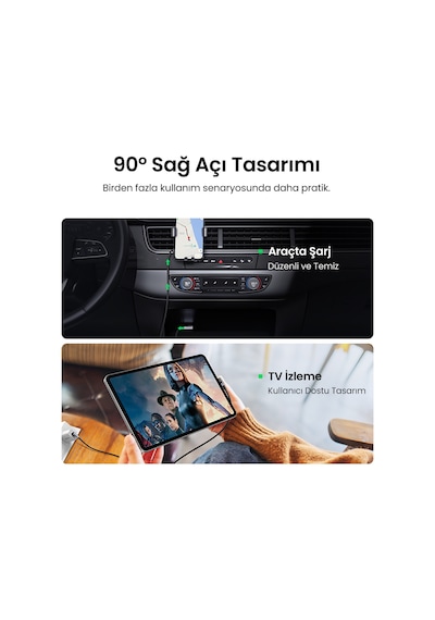 Ugreen Usb-c - Usb-a 3a Qc 90 Derece Hızlı Şarj Kablosu, 3 M, Uzay Grisi, 70875
