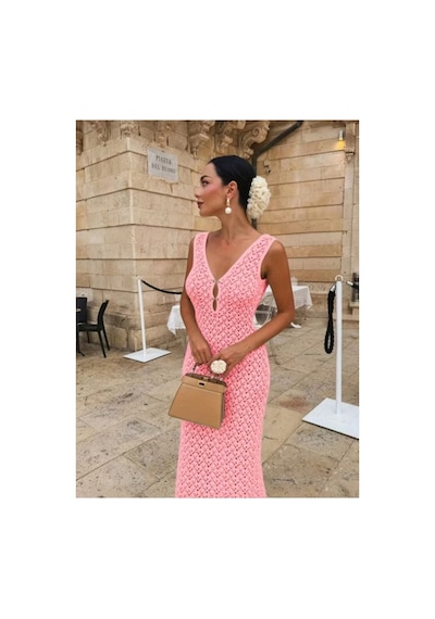 Butik İstanbul Kadın Askılı V Yakalı Uzun Triko Elbise Pembe