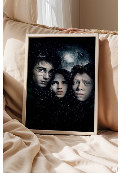 Harry Potter Hermione Ron Çerçeveli Tablo - Lüks Sinematik Üçlü Karakter Posteri Modern Duvar Dekoru Beyaz