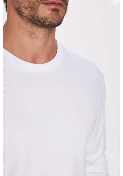 Tudors Unisex Relax Fit Rahat Kesim %100 Pamuk Uzun Kollu Bisiklet Yaka Beyaz Basic Tişört-32653 Beyaz