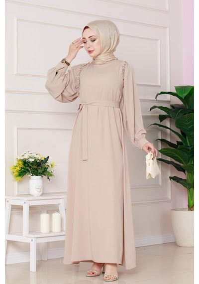 Sevitli Omuzu Taş Detaylı Rose Elbise-bej-4778 Bej