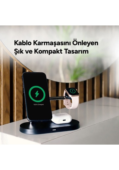 Ttec Aircharger Quattro M Magsafe Uyumlu iPhone - Apple Watch - Airpods LED Kablosuz Hızlı Şarj Standı Siyah