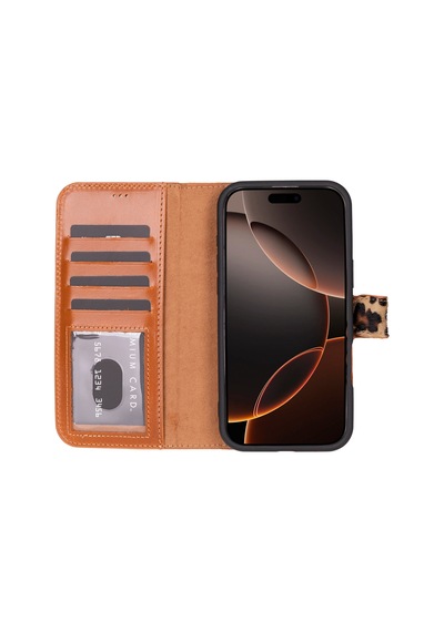 Bloomcase Apple Uyumlu iPhone 16 Pro Max Leopard Hakiki Deri Cüzdanlı Telefon Kılıfı Leopar - Pembe