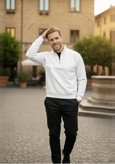 Deepsea Erkek Beyaz Relax Fit İçi Polarlı %100 Pamuk Yarım Fermuarlı Dik Yaka Sweatshirt 2600760 Beyaz