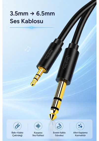 3.5mm - 6.35mm Stereo Ses Kablosu 5 Metre, Amfi Mixer Hoparlör Gitar Profesyonel Ses Sistemi Uyumlu, Altın Kaplama Jak, Bakır İletken, Esnek Pvc, Tak Çalıştır Audio Kablo A150ı