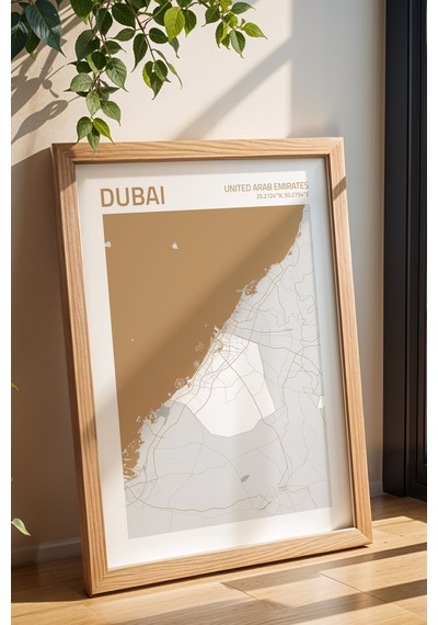 Dubai Bae Uae Şehir Haritası Çerçeveli Tablo Lüks Salon Ofis Duvar Dekorasyonu Hediyelik Tablo Kayın