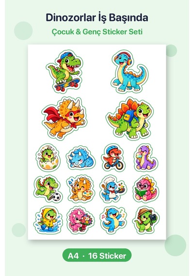 Dinozorlar İş Başında 16 Adet Dinozor Sticker Çıkartma A4 Ajanda Etiketi Çok Renkli