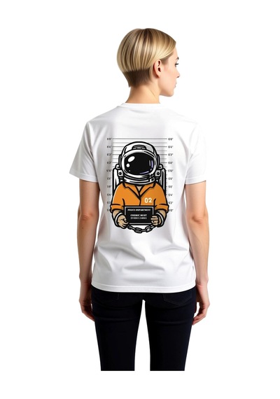 Paybuy Kadın Retro Uzay Temalı Baskılı Kısa Kollu Tişört Astronot Polis Beyaz