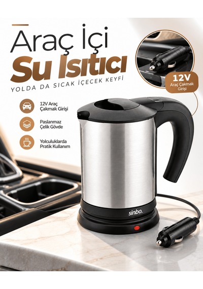 Shnstore Araçta Sıcak Su Hazırlamak İçin 12v Çakmak Girişli Paslanmaz Çelik Su Isıtıcı Kettle Shntknd0720