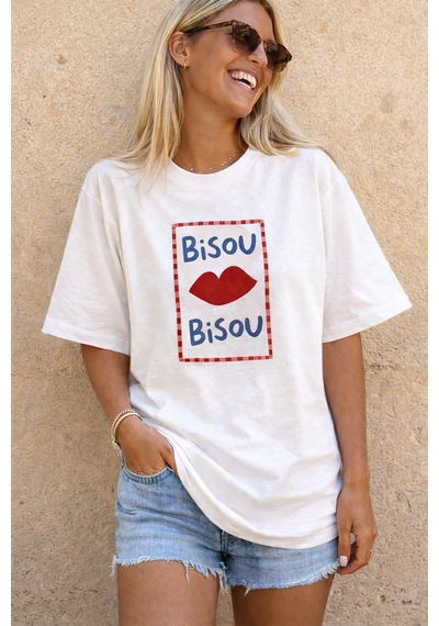 Kadın Premium Kumaş Baskılı Pamuklu Oversize T-shirt Ekru