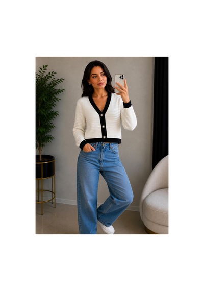 Hira Life Fashion Kadın V Yaka Düğmeli Şeritli Kısa Crop Ceket-hırka Bej Bej