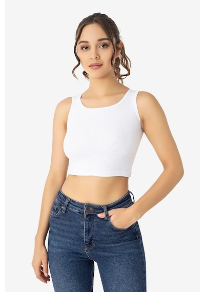 Grey Cat Ev Giyimi Modern Bluz Spor Giyim Kadın Pamuklu Fitilli Halter Yaka Kalın Askılı Crop Beyaz