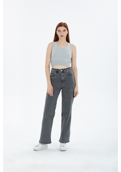 90's Kar Yıkama Kar Gri Likralı Süper Yüksek Bel Wide Leg Salaş Jeans Palazzo Kot Pantolon Gri