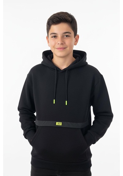 Kapşonlu Kanguru Cepli Detaylı Erkek Çocuk Sweatshirt-90838 Siyah