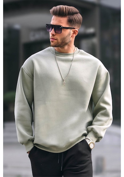 Madmext Mint Yeşili Bisiklet Yaka Oversize Şardonlu Basic Erkek Sweatshirt 6048-mint Yeşili Mint