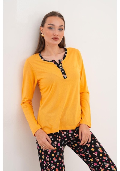 Çift Kaplan Kadın Pamuk Modal Açık Patlı Sarı Pijama Takımı 7019 Sarı
