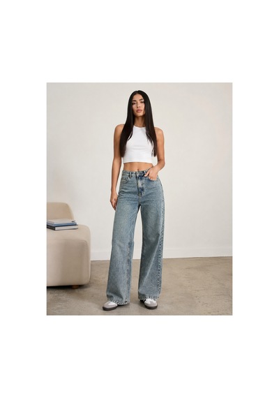 Bluemarlin Yeşil Tint İşlemli Yüksek Bel Straight Denim/kot Pantolon Yeşil Tintli