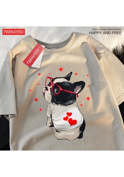 Startmore Y2k Vintage Tişört Tee Sevimli Köpek Geri Bakmak Baskı Haki