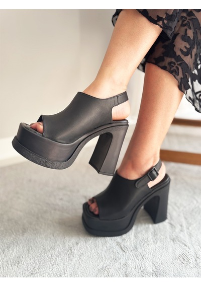 Asmi Shoes Kadın Veronica Siyah Cilt 12 Cm Önü Ve Arkası Açık Platform Topuklu Ayakkabı