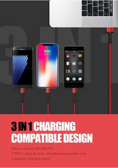 Zore Lc93 3 In 1 3.4A Micro+Lightning+Type-C Usb Kablo 1.2M