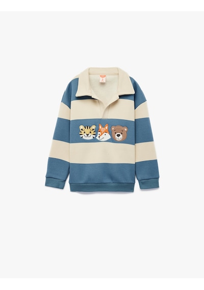 Koton Uzun Kollu Hayvanlar Baskılı Polo Yaka Sweatshirt Ekru Çizgili 6wmb10169tk Ekru Çizgili