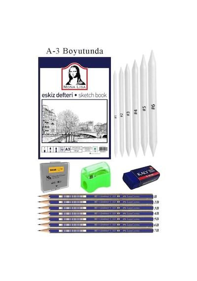 Eskiz Defteri A3 50 Yaprak Karakalem Çizim Seti Gölgelendirme Kalemi Hamur Silgi Faber Castell Dereceli Kalem