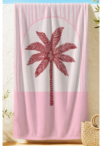 Palmiye Tropikal Çizgili Plaj Havlusu - Modern Bohem Pembe Beyaz Hızlı Kuruyan Mikrofiber Havlu Ayaz Tozu