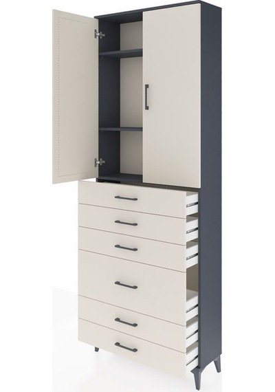 Arges Dolap 3 Raflı 6 Çekmeceli 2 Kapaklı 88x30x243 Antrasit-aytaşı Antrasit