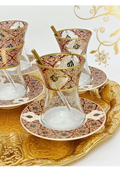 Altın Bordo Desen Işlemeli 6 Kişilik Cam Porselen Çay Seti Tea Set For 6 Persons Premium Porcelain Diğer