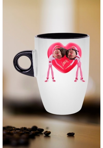 Mutlu Çiftler Love Kalp Baskılı Hediye Kupa Bardak Porselen Latte Filtre Kahve Fincanı Siyah
