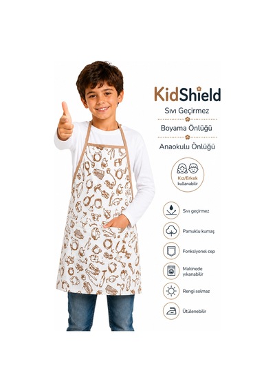 Kidshield Sıvı Geçirmez Boyama Önlüğü Anaokulu Önlüğü Sıvı Geçirmez Resim Önlüğü Açık Kahve