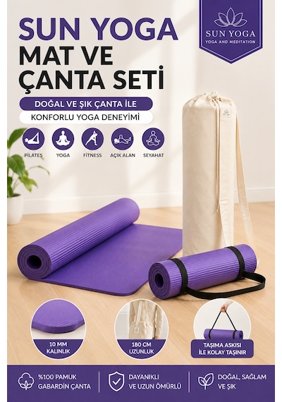 Yoga Seti 10 Mm Kaymaz Mat Ve %100 Pamuk Çanta Mor