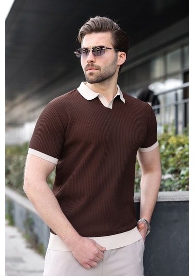 Madmext Kahverengi Polo Yaka Triko Erkek Tişört E7464 Kahverengi
