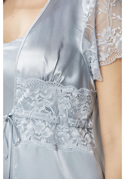 Pierre Cardin Mist Saten Dantelli 3'lü Kadın Sabahlık-şort Takım 2480 Mist