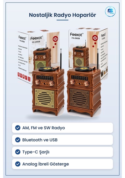 Nostaljik Radyo Hoparlör Am Fm Sw Bluetooth Usb Type C Şarjlı Ret