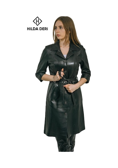 Hilda Deri Yarım Kollu Siyah Hakiki Deri Düğmeli Elbise Trençkot Diana 001