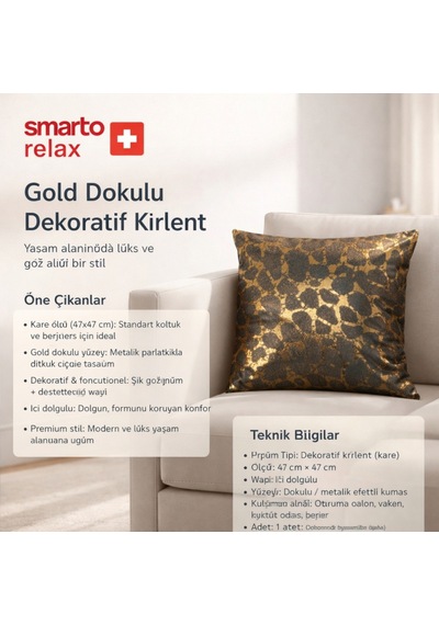 Smarto Relax Dolgulu Kırlenttekli Antibakteriyel Desenli Dekoratif 45x45 Cm Siyah - Altın