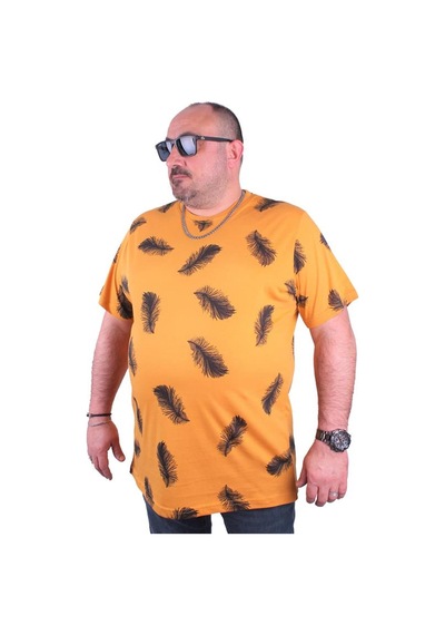 Starbattal Büyük Beden Tişört Sıfır Yaka Feather 23149 Hardal-Hardal Çok Renkli