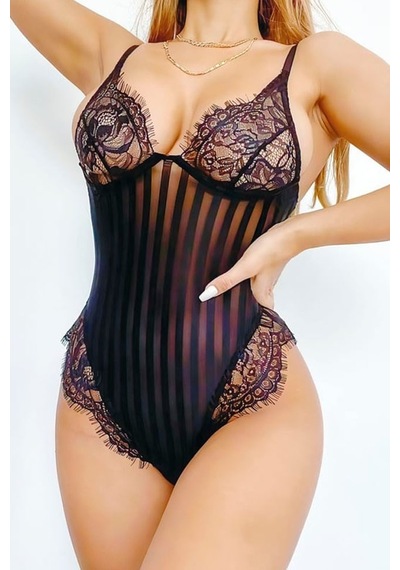 Hadpols Premium Stil Romantik Parça Çizgili Siyah Dantel Body Gece Giysisi İç Giyim Tül Kıyafet Beyaz