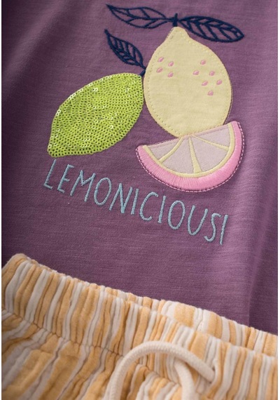 Cigit Limon Aplikeli Çizgili Müslin Şalvarlı Takım 2-8 Yaş Mor Mor