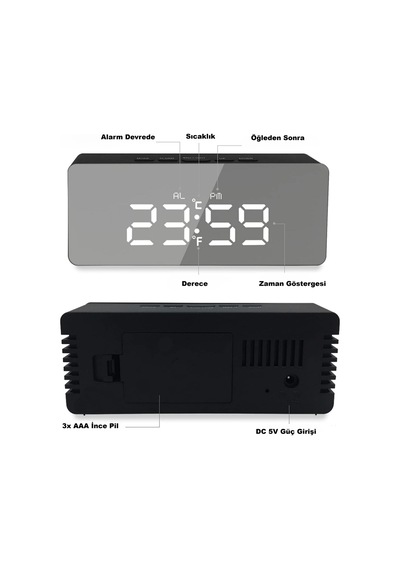 Hymark Dijital Çalar Saat Usb/pil Aynalı Led Termometre Alarm Gece Modlu Eletronik Saat