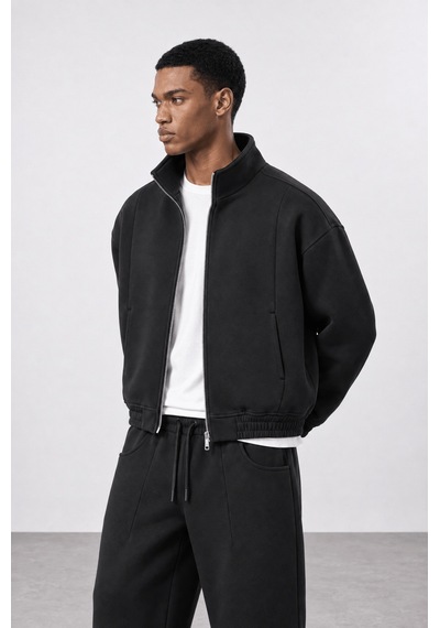 Respire Erkek Crop Fit Panda Oversize Zip Siyah