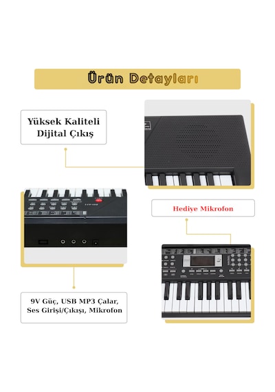 Başlangıç İçin 61 Tuşlu Elektronik Dijital Profosyenel Org Piyano Mikrafonlu Keyboard Siyah