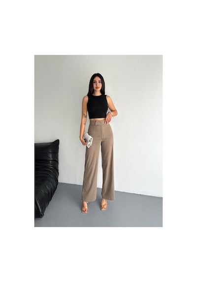 Gugus Kadın Cepsiz Dokuma Kumaş Pantolon Beli Cırtlı Bol Paça Wide Leg Model Vizon