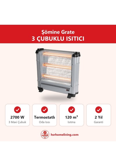 Hsr Home Living Şömine Grate 3 Çubuklu Elektrikli Isıtıcı 2700w Termostatlı Devrilme Emniyetli