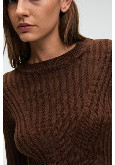Grımelange ENCANTO Kadın Yuvarlak Yaka Çizgi Desenli Slim Fit Kahverengi Elbise