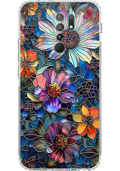 Printify Redmi 9 İle Uyumlu Vitray Mücevher Flora Tasarımlı Şeffaf Silikon Kılıf Şeffaf