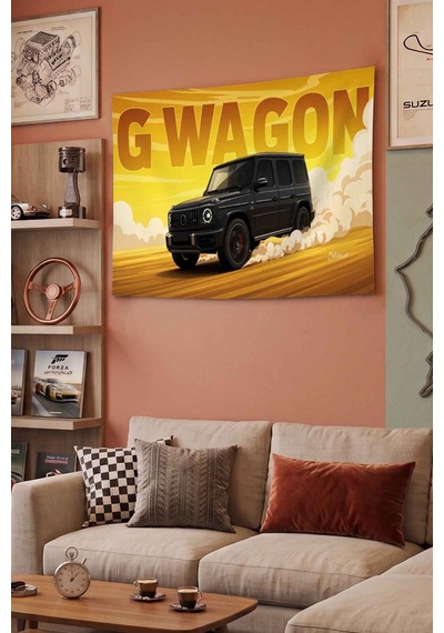 Mercedes G Wagon Siyah Sarı Graffiti Dekoratif Duvar Örtüsü Duvar Halısı Beyaz